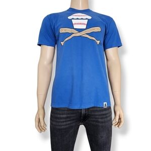 Johnny Cupcakes Vintage Blue Baseball Print Graphic Tee Size Large